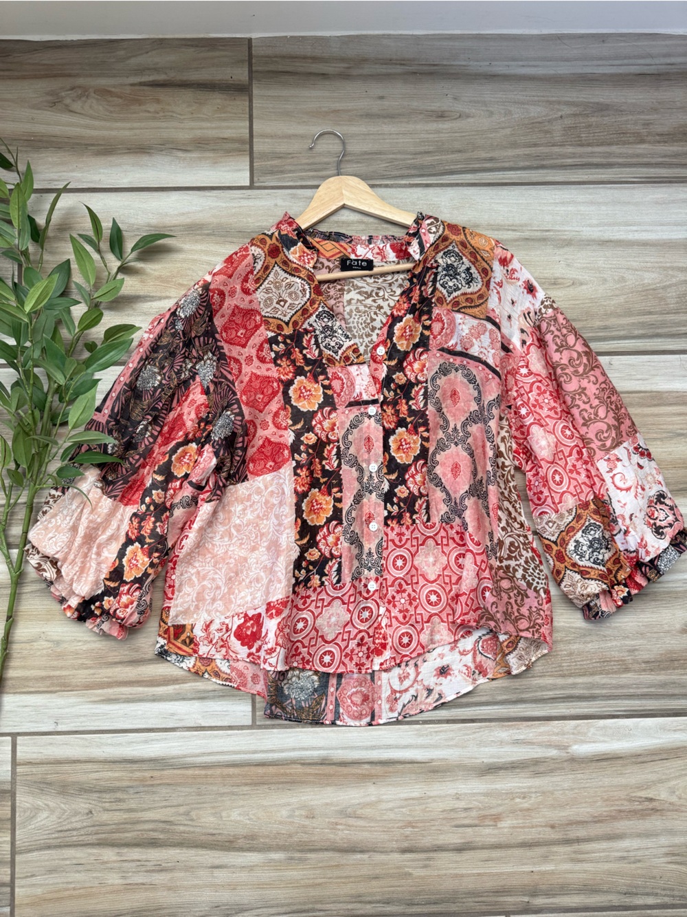 Fate Pink Multi-Print Floral Patchwork Blouse Button Up Small Boho Eclectic